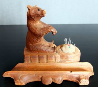 Antique German Black Forest Carved Bear Inkwell Pen Tray Made Into Sewing Stand photo