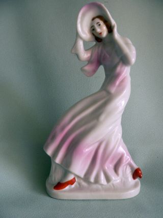 Art Deco Girl Figurine - Pink Tones - Large Hat & Long Skirt 6 - 1/2 