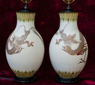 Circa 1950 ' S Magnificent Pair Of Large Ceramic Chinese Dragon Urn Lamps photo