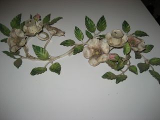 Vintage Italian Painted Tole Centerpiece Candleholder Pink Rosebuds White Exc photo