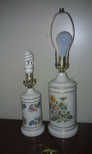 Euc 1950 Antique Porcelain Painted Lamp Set Floral Hummingbird Table Lamps Works photo