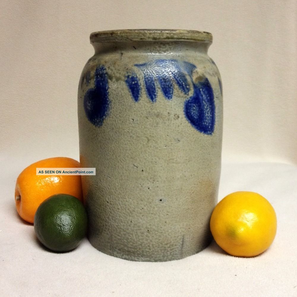 Antique Stoneware: 1/2gal.  Pa Storage Jar W/ Cobalt Dangling Hearts,  19thc. Crocks photo