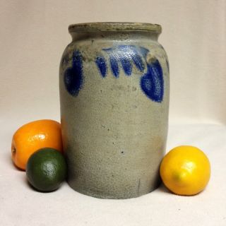Antique Stoneware: 1/2gal.  Pa Storage Jar W/ Cobalt Dangling Hearts,  19thc. photo