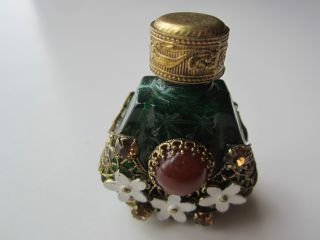 Czechoslovakian Perfume Bottle Jeweled Purse Mini Malachite Enamel Brass Filigre photo