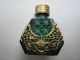 Czechoslovakian Perfume Bottle Jeweled Purse Mini Malachite Enamel Brass Filigre Perfume Bottles photo 2