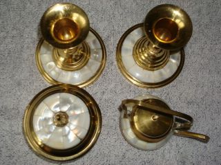 Vintage Decorative Brass & Mother Of Pearl Tea Pot,  Sugar And Candle Sticks photo
