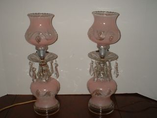 Vintage 1940 ' S Hurricane Style Pink Glass Boudoir Table Lamps. . .  Pr. . . .  Vgc photo