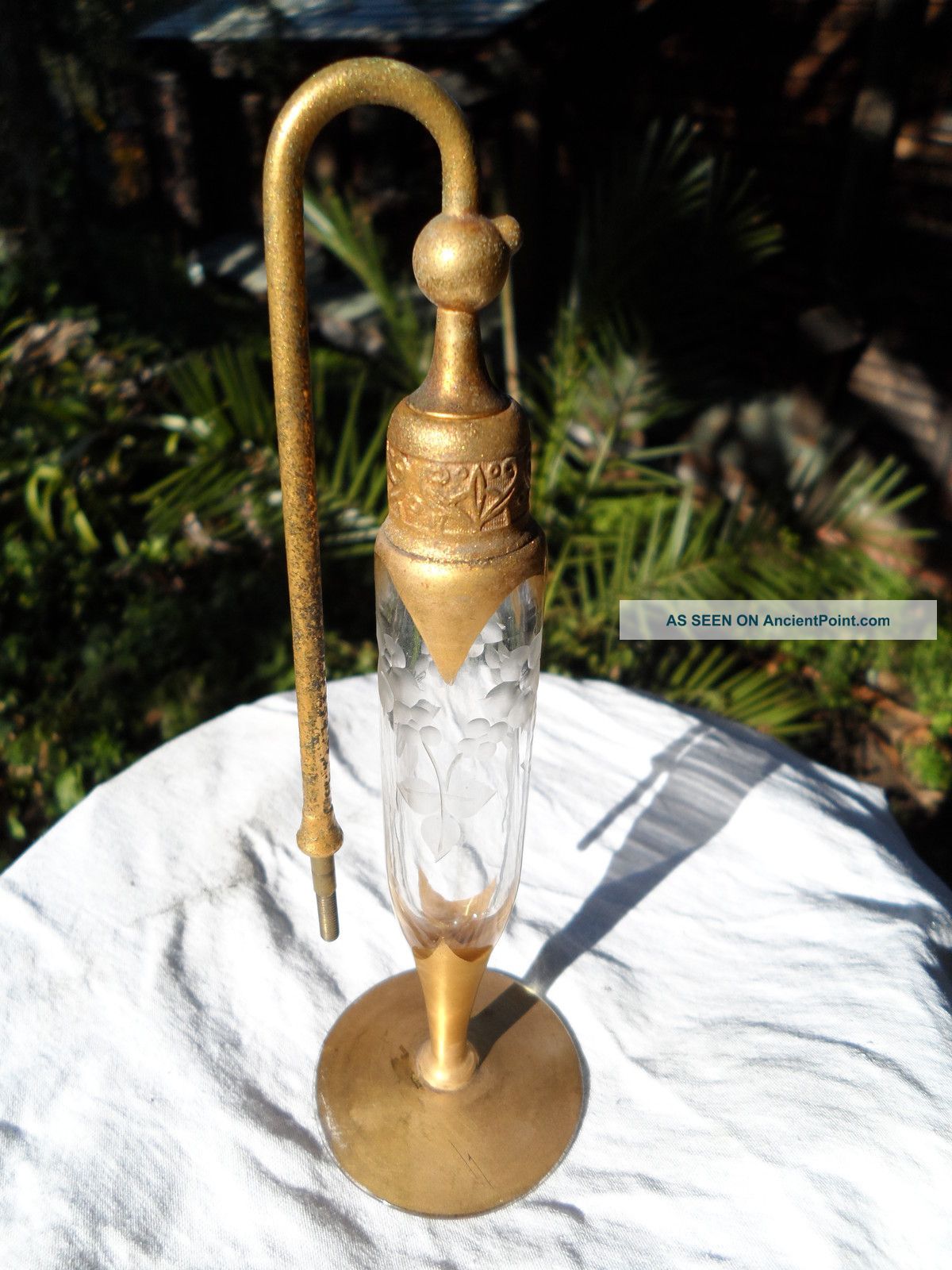 Antique Perfume Bottle Atomizer De Vilbiss Era 1920 Art Deco Gold Etch Engraved Perfume Bottles photo