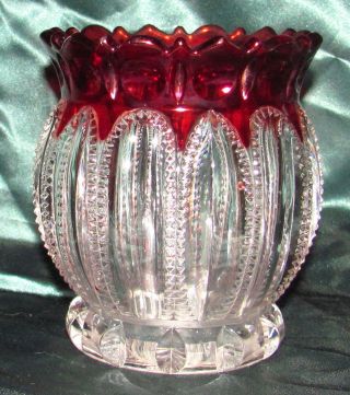 Vintage Antique Ruby Red Cranberry To Clear Thumb Print Vase Cut Glass Estate photo