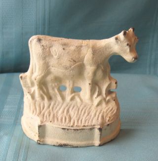 Vintage Antique Small Shabby Distressed Milk White Cast Iron Cow Doorstop Chic photo