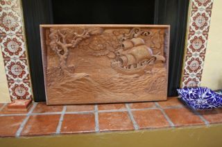 Spanish Revival Monterey Arts Crafts Early California Carved Galleon Panel Wow photo