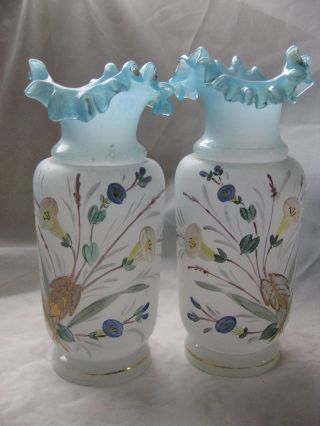 Pair Of Antique Hand Painted Bristol Glass Vases photo