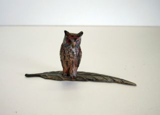 Antique Fritz Bermann Hand Painted Bronze Standing Owl On Leaf photo