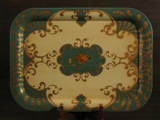 Social Supper Tray In Green Teal And Gold Floral Motif Vintage / Antique photo