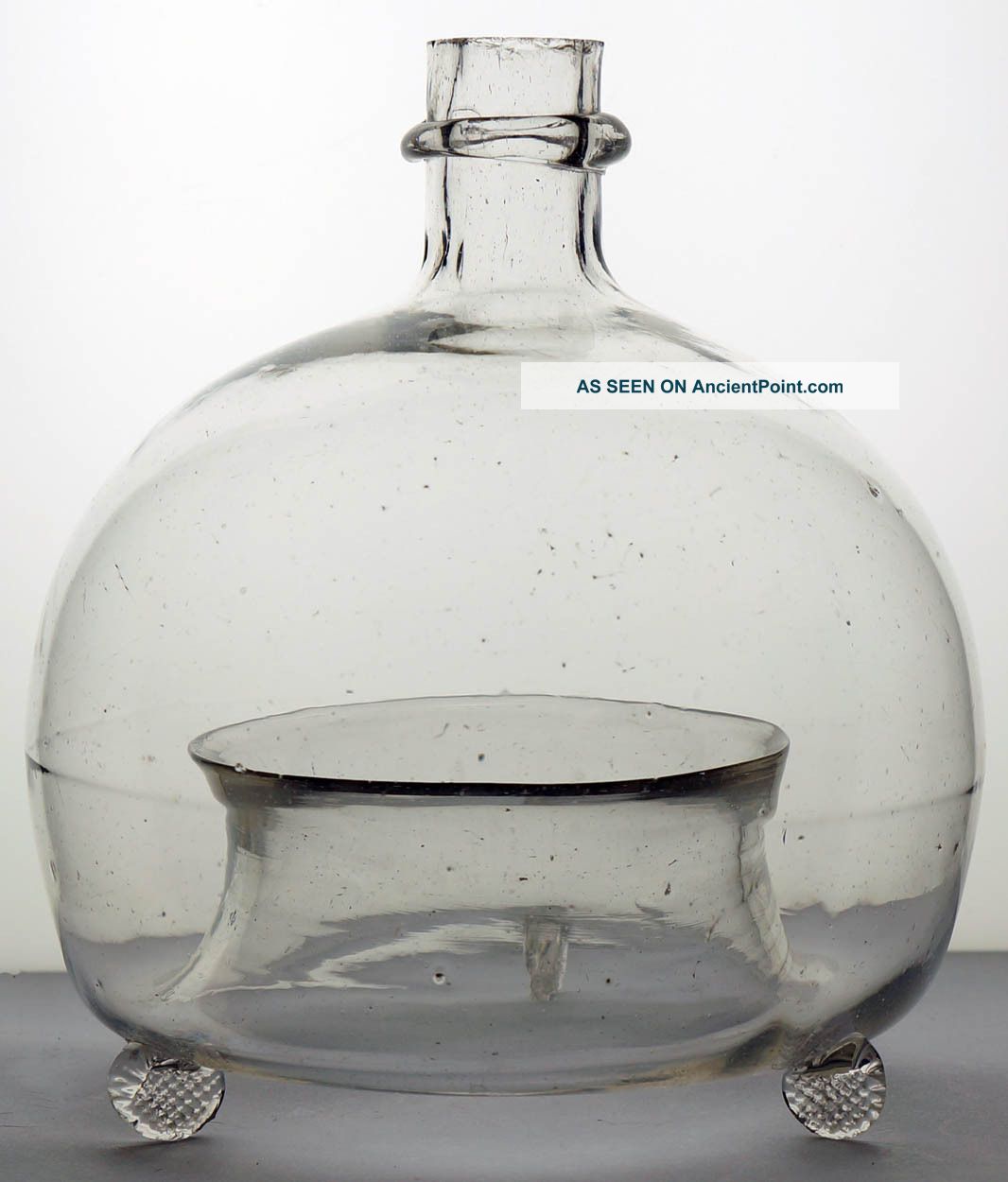 Antique Glass Flycatcher 19th Century Fly Trap Blown Clear Bottle Rigaree Feet Bottles photo