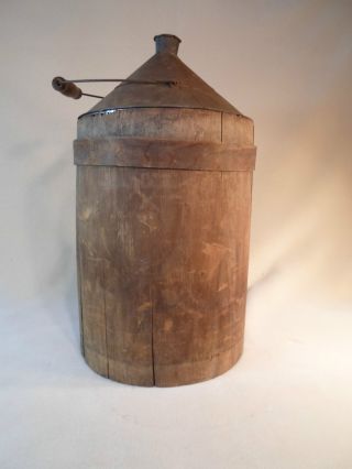 Antique Primitive Metal Kerosine Jug/ Can With Wooden Case And Handle. photo