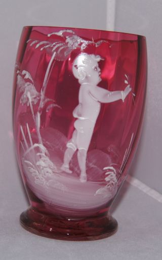 Antique 1890s Cranberry Mary Gregory Swirl Pattern Tumbler Handblown G - 0562 photo