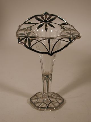 Antique Victorian Art Deco Nouveau Jack In Pulpit Silver Overlay Art Glass Vase photo