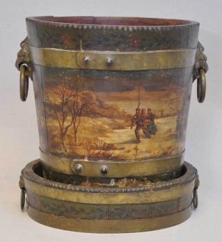 Antique Dutch 18th Century Wooden Wine Bucket Winter Scene Painting On Base Rare photo
