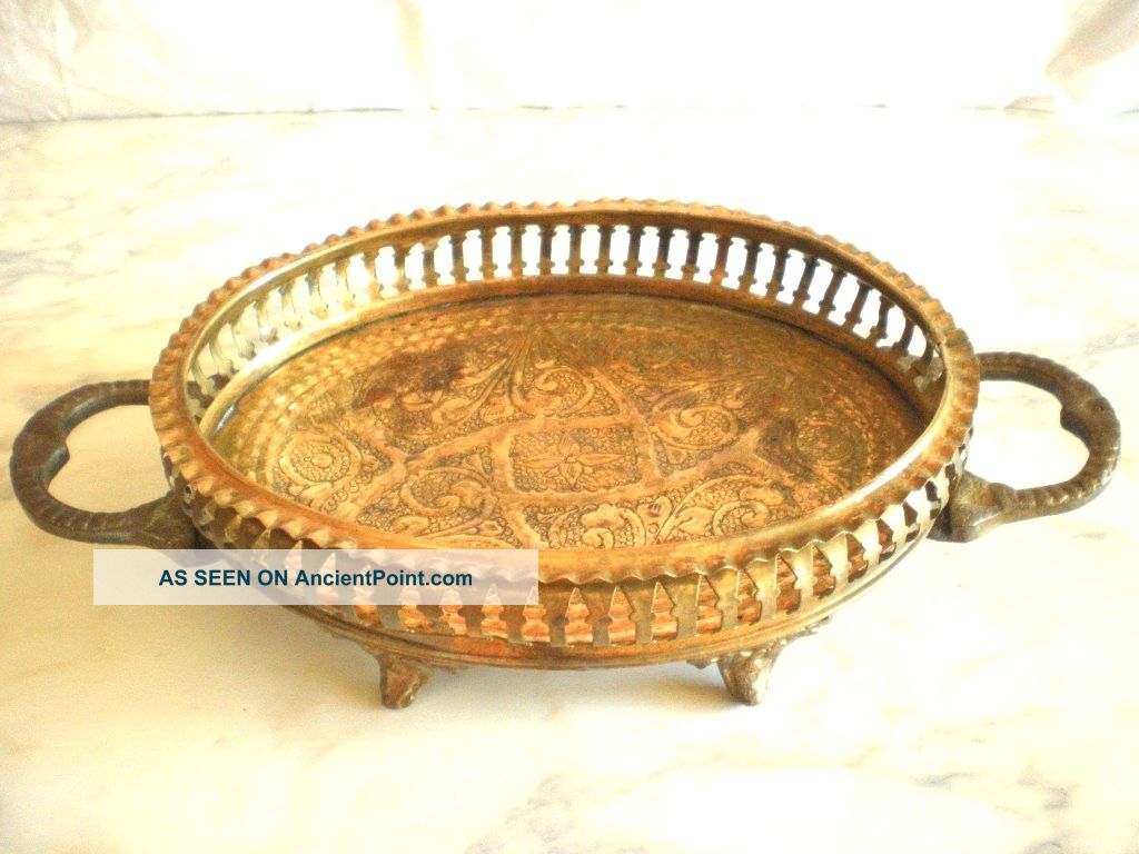 Antique European Art Deco Footed Brass Basket Metalware photo