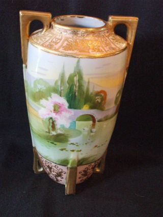 Hand Painted Nippon Vase - Bridge With Swans - Gold Moriage - Jeweled photo