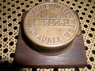 Vintage Case Iron Badger Meter Milwaukee Wis.  On Oak Wood Must See photo