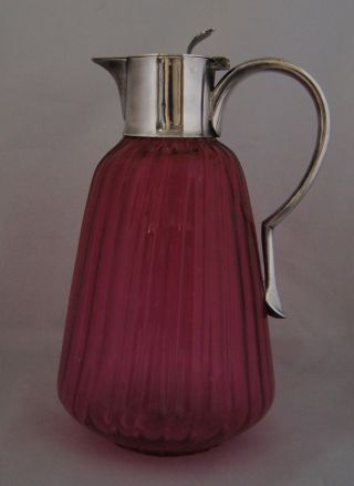 Silverplate Capped Cranberry Decanter Hand Blown C 1930 No Visible Defect photo