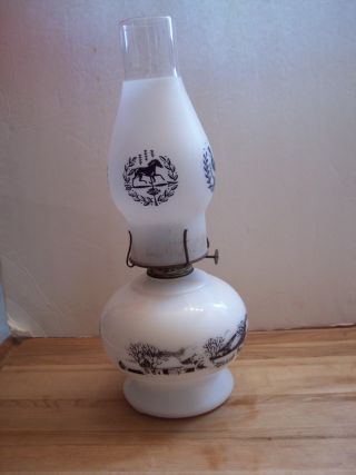 Vintage Eagle Milk Glass Currier Ives Horse Farm Oil Lamp Early American Chimney photo