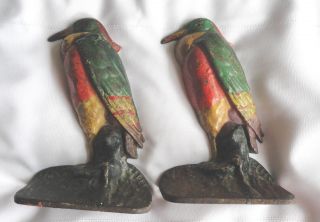 Two Cast Iron Painted Bird Bookends Old photo