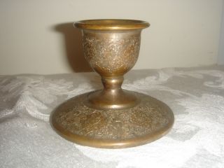 Antique Persian Silvered Brass Hand Engraved Candle Holder photo