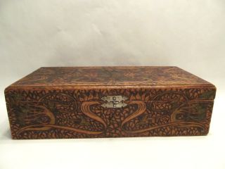 Large Antique Art Nouveau Carved Pyrography Wooden Document Box With Lock photo