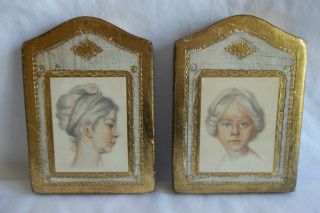 Vintage Pair Italian Girls Antiqued Florentine Toleware Wood Plaques Gold Gilt photo