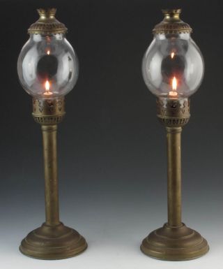 Matched Pair Signed Antique French Candle Lamps W/orig Blown Glass Shades C1890 photo