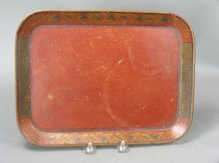 Old Chinese Style Red Lacquer Tole Tray,  American,  Signed photo