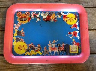 Antique Tin Litho Circus Tea Set Tray - Great Colors And Artwork - Unusual Pink photo