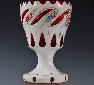 Gorgeous Bohemian White Overlay Cut To Cranberry Glass Enameled Vase ~ Moser N/r photo