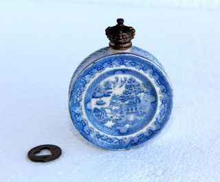Rare Antique Royal Doulton Blue Willow Perfume Cologne Snuff Bottle 1800s Old photo