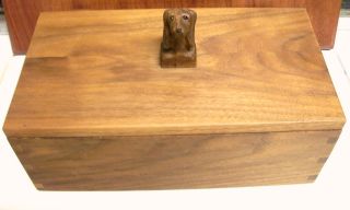 Vtg.  Teak Wood Box With Dachshund Dackel Dog Head Knob Wood Carved Figurine photo