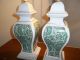 Pair Mid Century Hollywood Regency White & Green Ginger Jar Lamps Chinoiserie Lamps photo 6