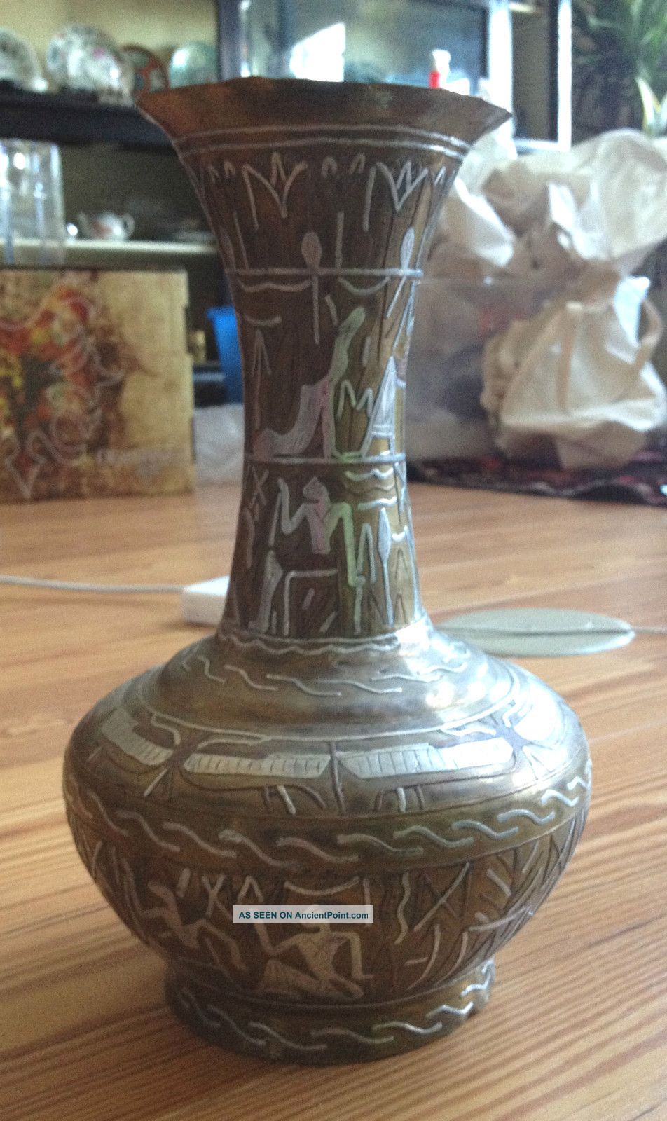 Antique Handmade Syrian/persian/islamic Copper And Silver Inlaid Vase Metalware photo