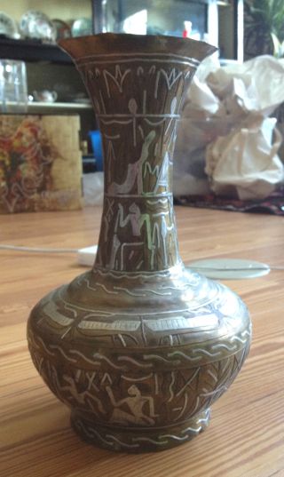 Antique Handmade Syrian/persian/islamic Copper And Silver Inlaid Vase photo