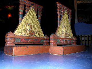 Antique Egyptian Revival Sphinx & Pyramid Bookends Cast Iron Judd Art Deco photo