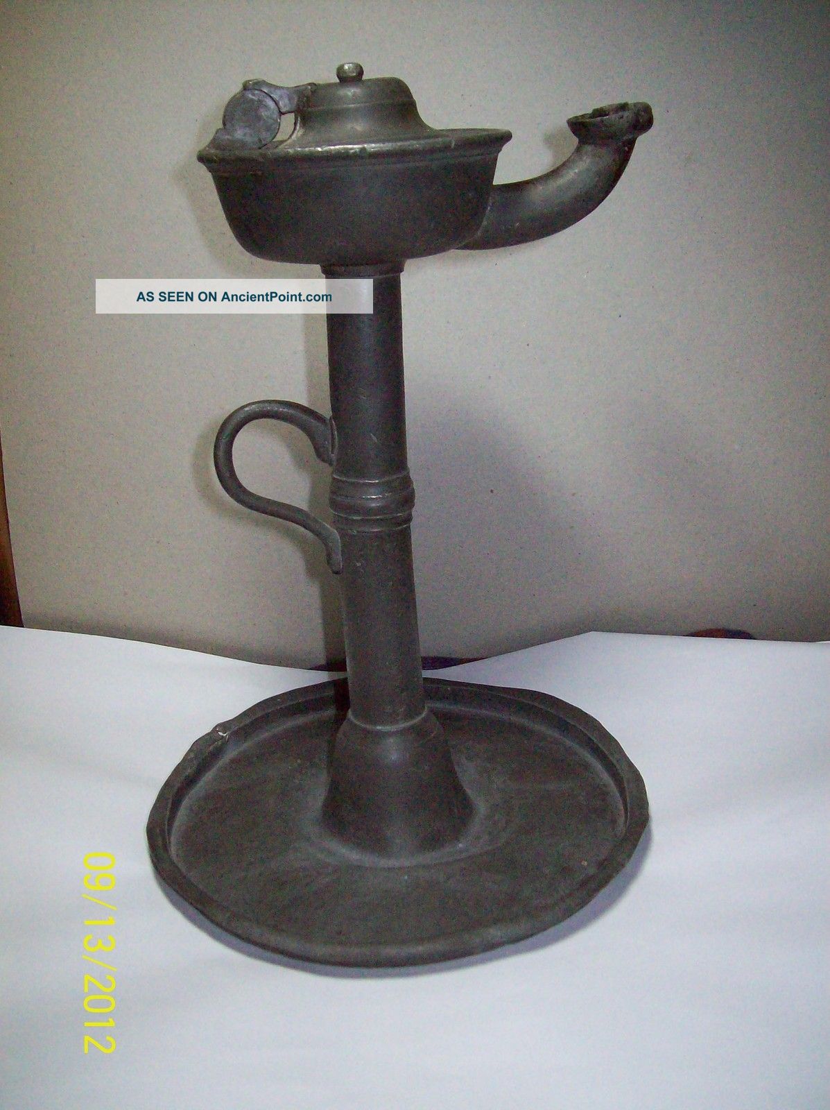 Rare Antique Covered Pewter Oil Lamp - Early 19th Century Metalware photo