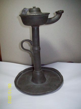 Rare Antique Covered Pewter Oil Lamp - Early 19th Century photo