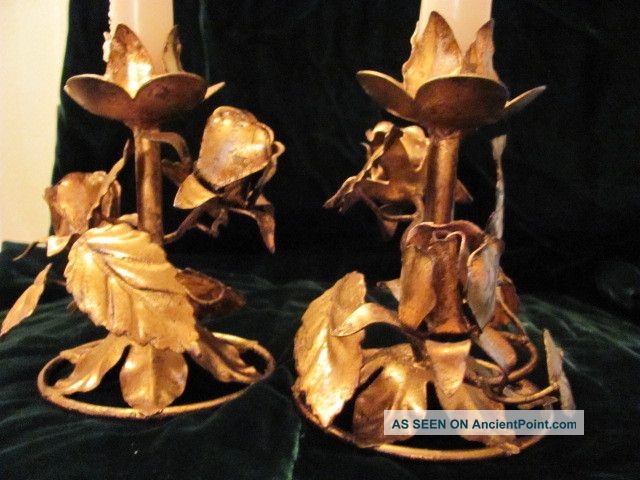 Antique Candlesticks,  Italian Florentine Filigree Gold Gilt Very Ornate Metalware photo