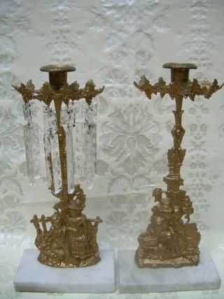 Pr Antique Candlesticks/candlelabra~gilt Metal~victorian Figures~prisms~marble photo