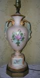 Antique Vtg Porcelain Table Lamp Chic Shabby Pink Aqua Roses Handpainted Signed Lamps photo 9