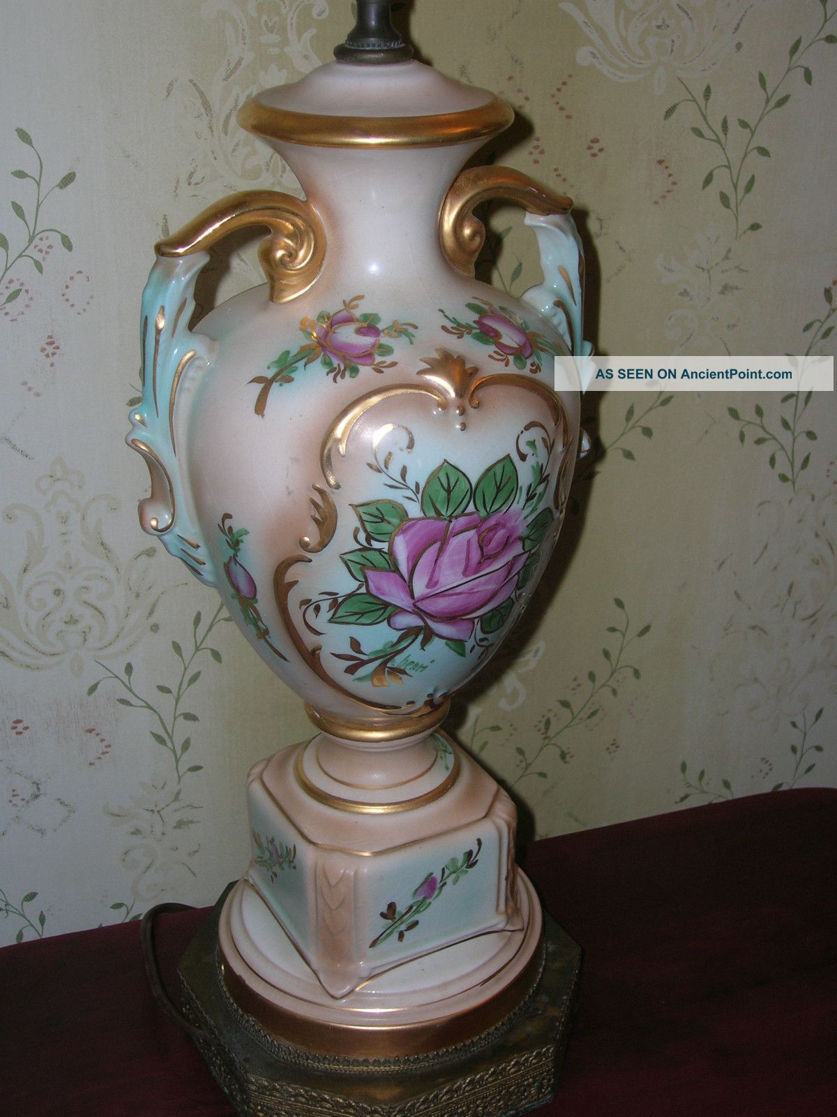 Antique Vtg Porcelain Table Lamp Chic Shabby Pink Aqua Roses Handpainted Signed Lamps photo
