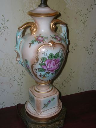 Antique Vtg Porcelain Table Lamp Chic Shabby Pink Aqua Roses Handpainted Signed photo