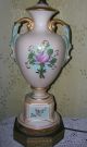 Antique Vtg Porcelain Table Lamp Chic Shabby Pink Aqua Roses Handpainted Signed Lamps photo 8